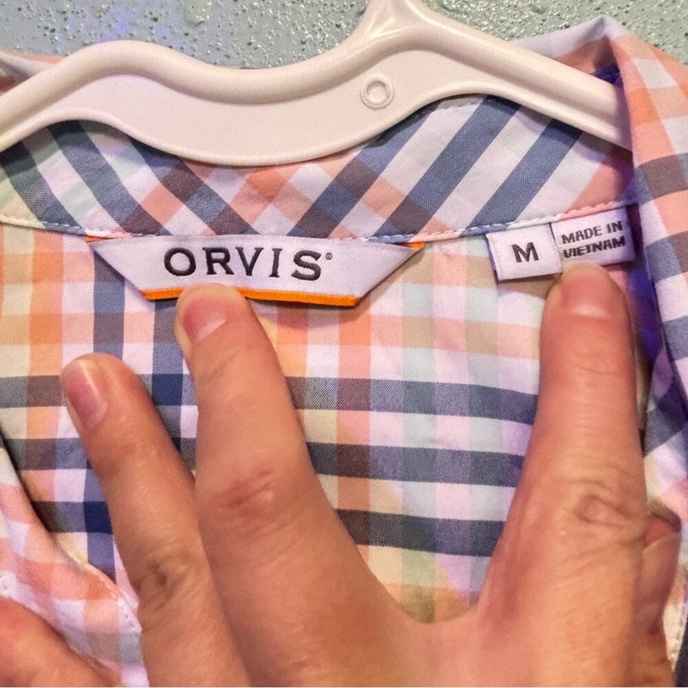 Orvis Women’s Plaid Button-Up Shirt Pink Blue Roll Tab Sleeve Size Medium - Picture 4 of 9